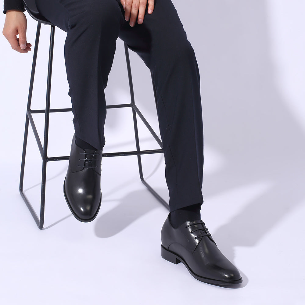 Plain black leather elevator shoes Basilio +2.76 inches